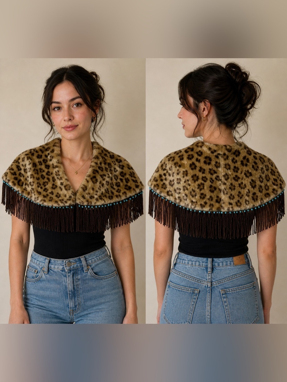Storybook Knits Leopard Print Faux Fur Wrap with Fringe turquoise beads cape